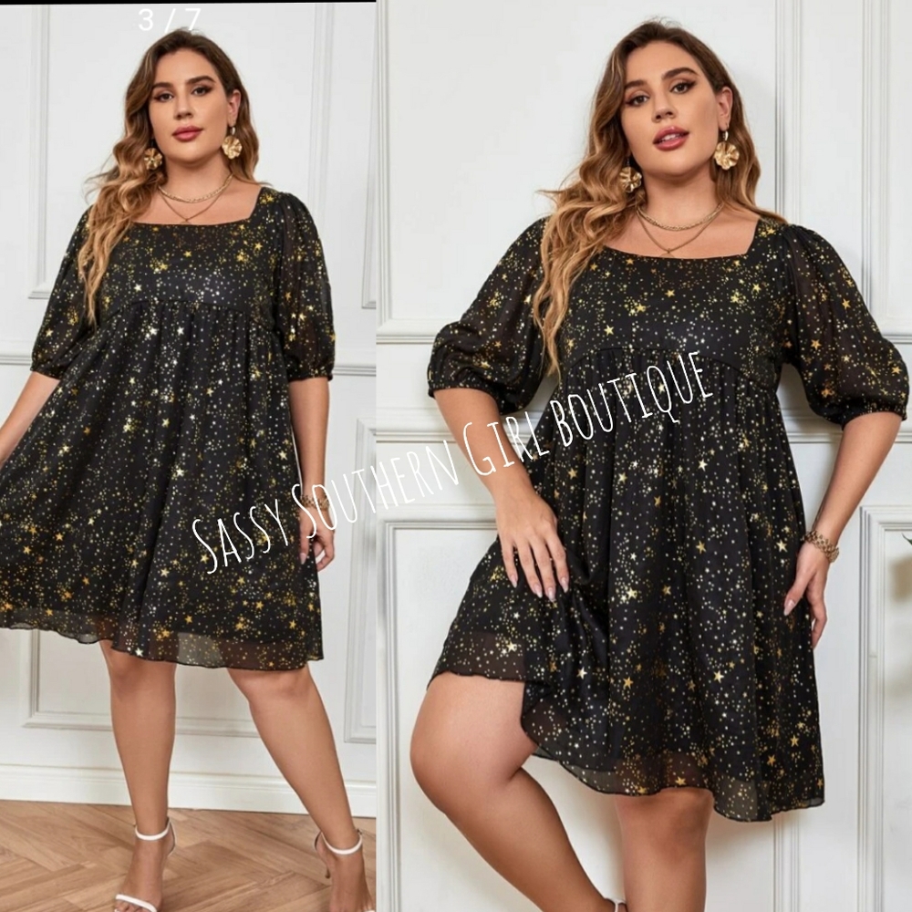 🆕⭐ Plus size Black gold galaxy stars babydoll dress